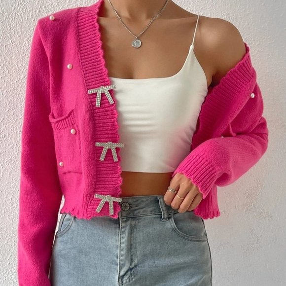 Pink Preppy Womens Pearls Beaded Dual Pocket Scallop Trim Cardigan - Picture 3 of 5